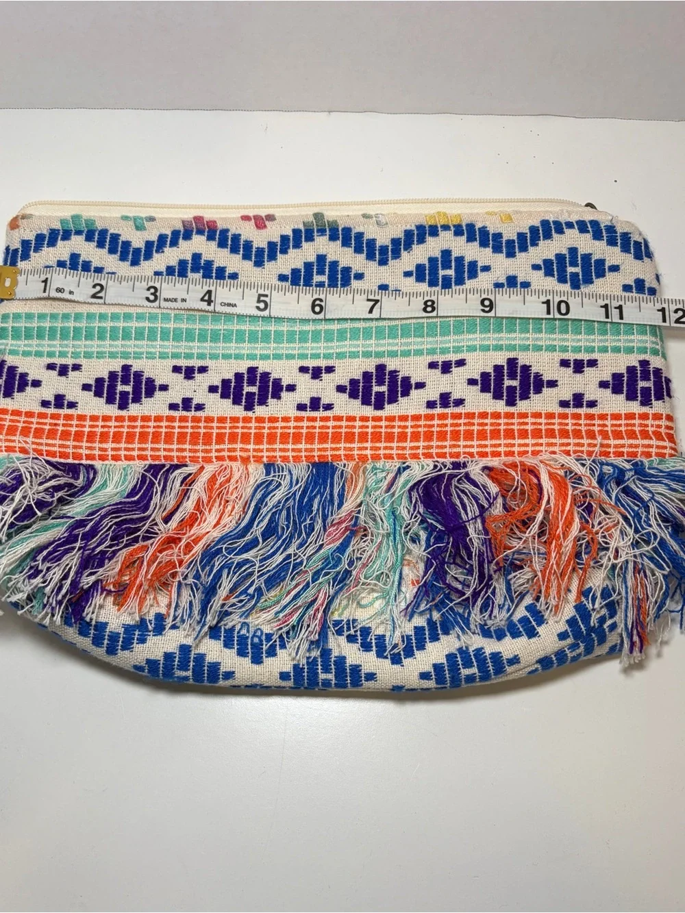 Fringe Embroidered Cotton Clutch in Blue, Orange & Teal